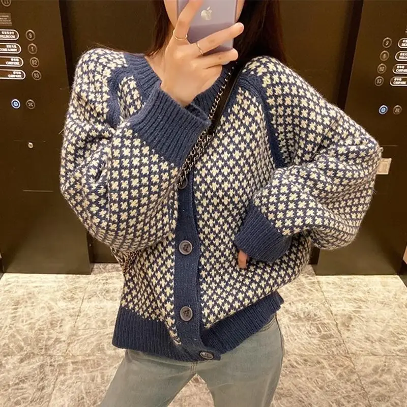 

Korean Houndstooth Short Sweater Cardigan Jacket Women Elegant Imitation Mink Fleece Knitwear Tops Vintage O-neck Knitted Coats