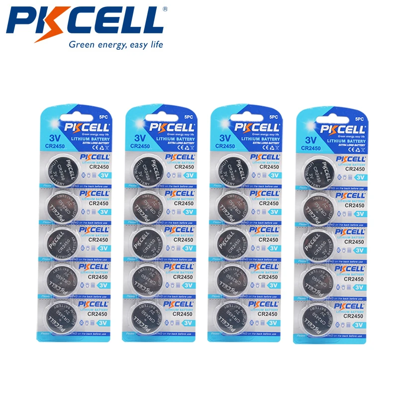 

Аккумуляторы PKCELL CR2450 ECR2450 DL2050 BR2450, Литиевые Батарейки для часов, игрушек, калькуляторов, 3 в, 20 шт./4 карты