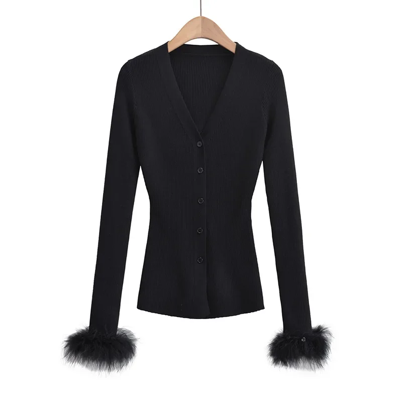 Осенний новый однобортный вязаный свитер с длинными рукавами и v-образным