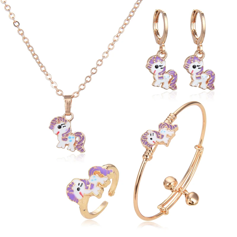 Selead Design Cartoon Cute Unicorn Anime Gold Plated Necklace Earrings Fashion Rainbow Horse Jewelry Sets For Kids Girl Gift
