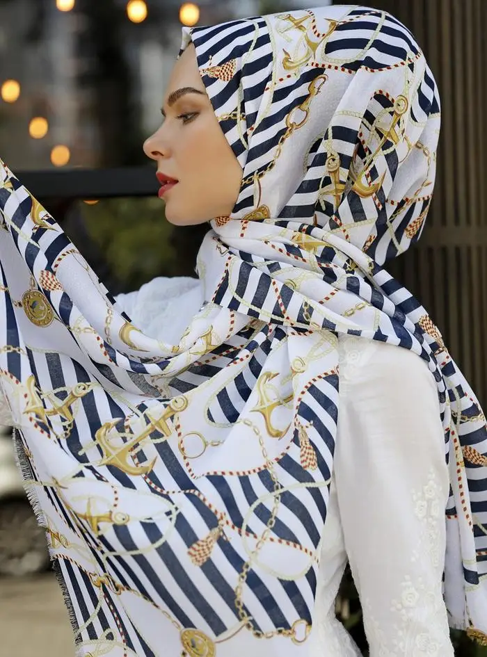 

WOMEN HIJAB SHAWL ACCESSORY SCARF COTTON MEVSİMLİK GIFT NAVY ANCHOR