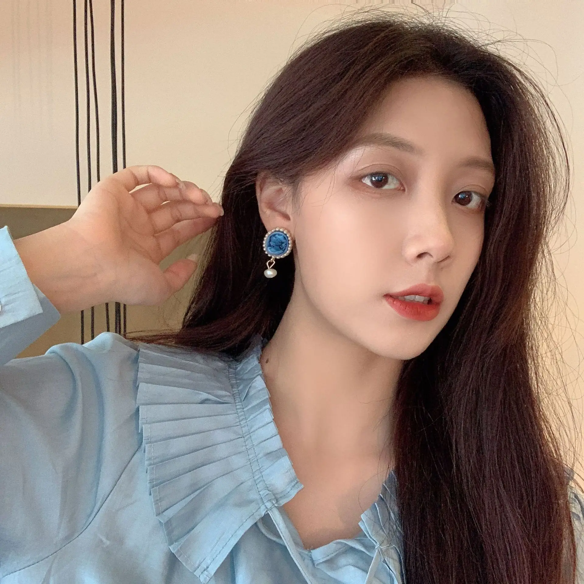 Женские винтажные серьги-подвески серебро 2022 пробы с голубым жемчугом |