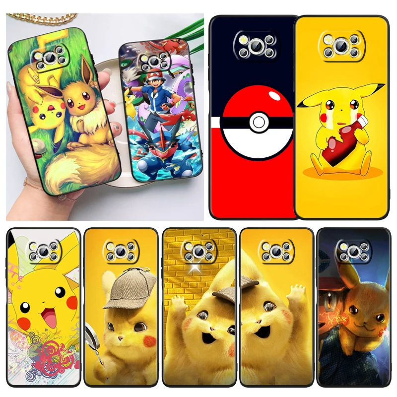 

Pokemon Pikachu Cartoon Phone Case For Xiaomi Mi Poco X5 X4 X3 NFC F4 F3 GT M5 M5s M4 M3 Pro C50 C40 5G Cover Black Funda