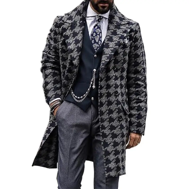 

Houndstooth Long Woollen Wind Coat Jacket Double Breasted Casual Mens Wool Overcoat Winter 2022 Men Trench Coat