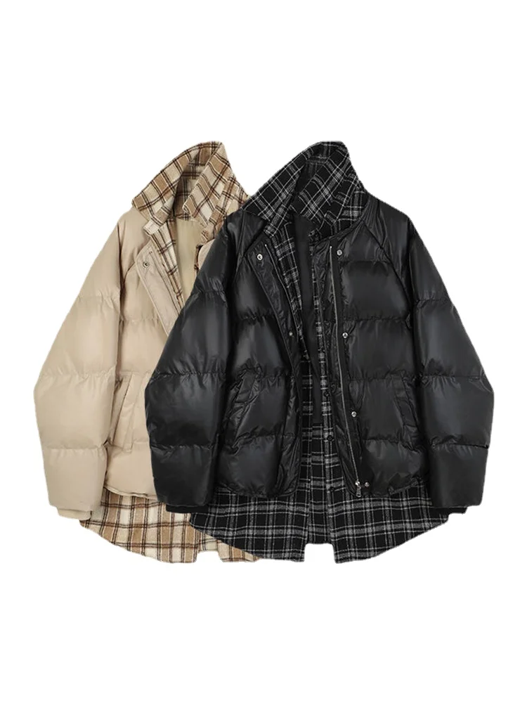 

Women Cotton Padded Jackets Harajuku Patchwork Fake Two Plaid Coats BF High Street Baggy Basic All-match Cargo Outerwear Female