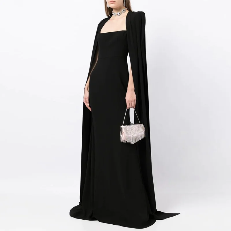 Women Dress Black Vintage Retro Design Elegant Floor-length Long Sleeve Square Collar Cape Long Maxi Celebrity Prom Evening Robe
