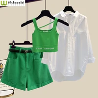 large spring and summer womens suit 2022 new korean small fresh fashion shirt casual high waist shorts three piece set