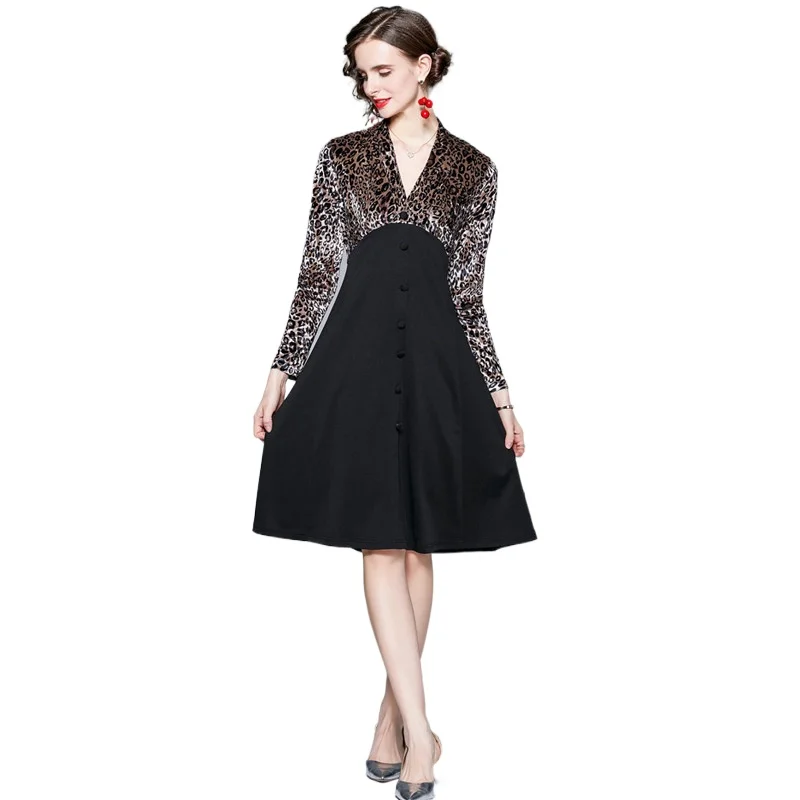 Simgent High Quality Elegant Dress Women 2022 New Autumn Long Sleeve V-Neck Leopard Patchwork A Line Dresses Vestidos SG28314