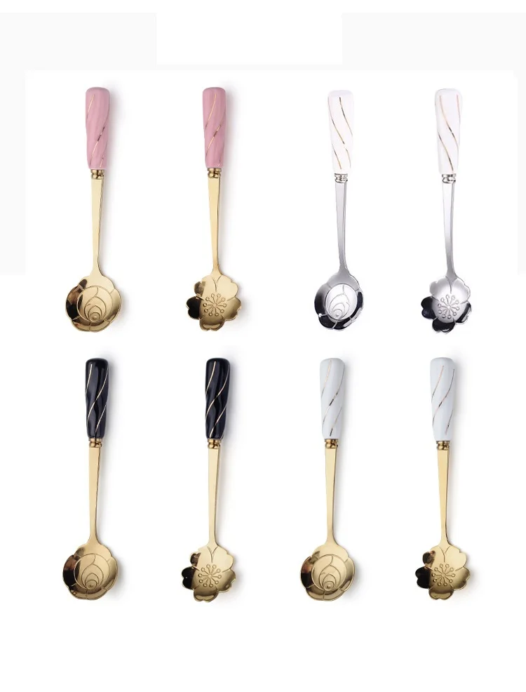 

Tea Coffee Mixing Spoon Stainless Steel Spoon With Ceramic Handle Flower Cherry Blossom Shape Dessert Spoon Kitchen Tableware