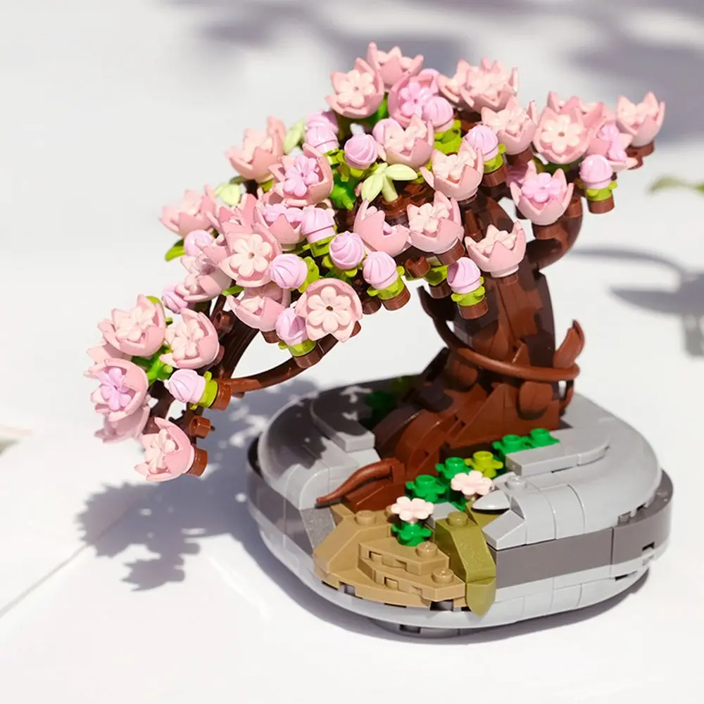 

DIY Assembled Bricks Potted Flowers Plant Model Pink Bouquet Building Blocks Cherry Blossom Succulent
