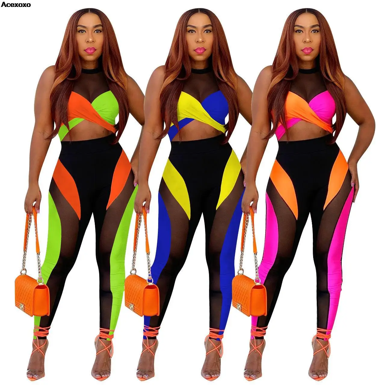 

Summer new women fashion sexy multi-color patchwork gauze two-piece set