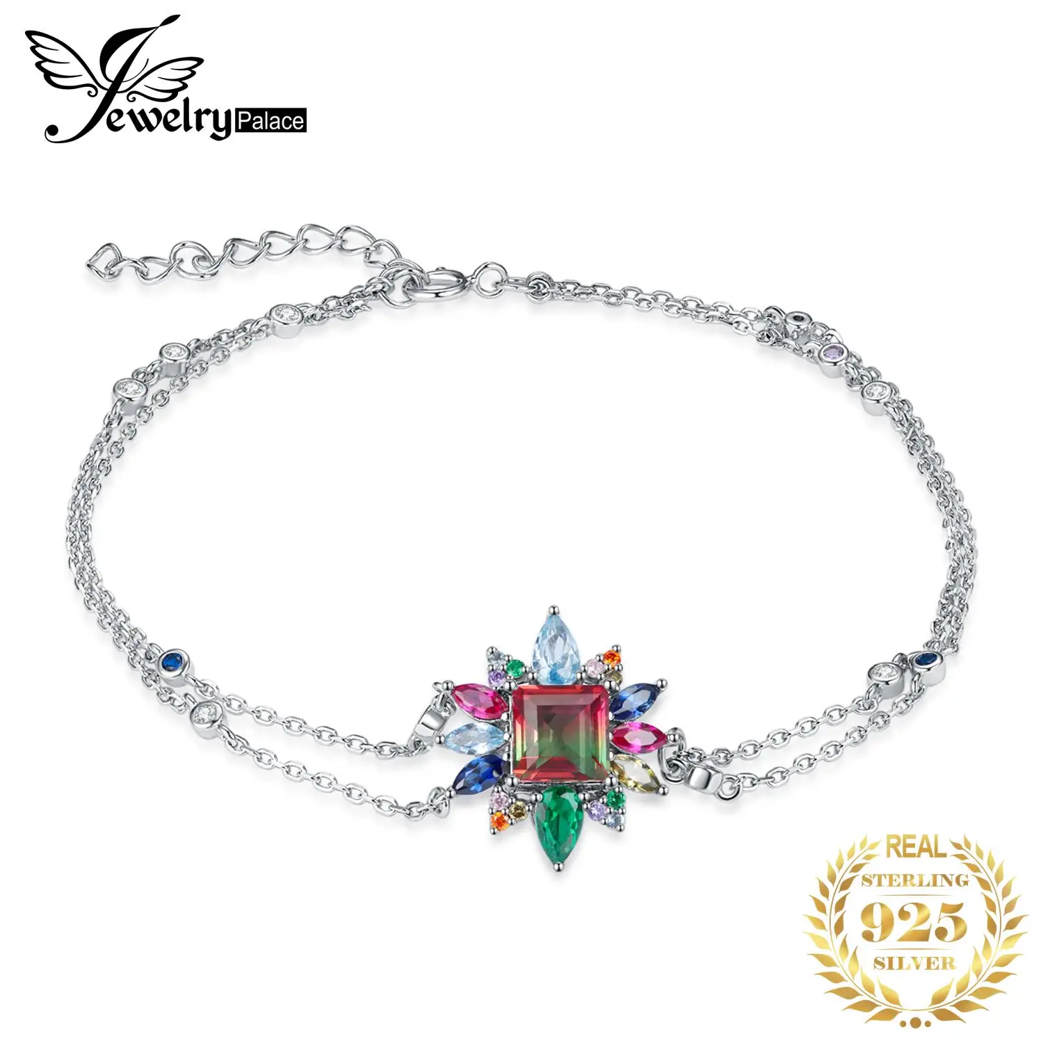 JewelryPalace New Arrival Nano Russian Simulated Watermelon Tourmaline 925 Sterling Silver Adjustable Link Bracelet for Woman