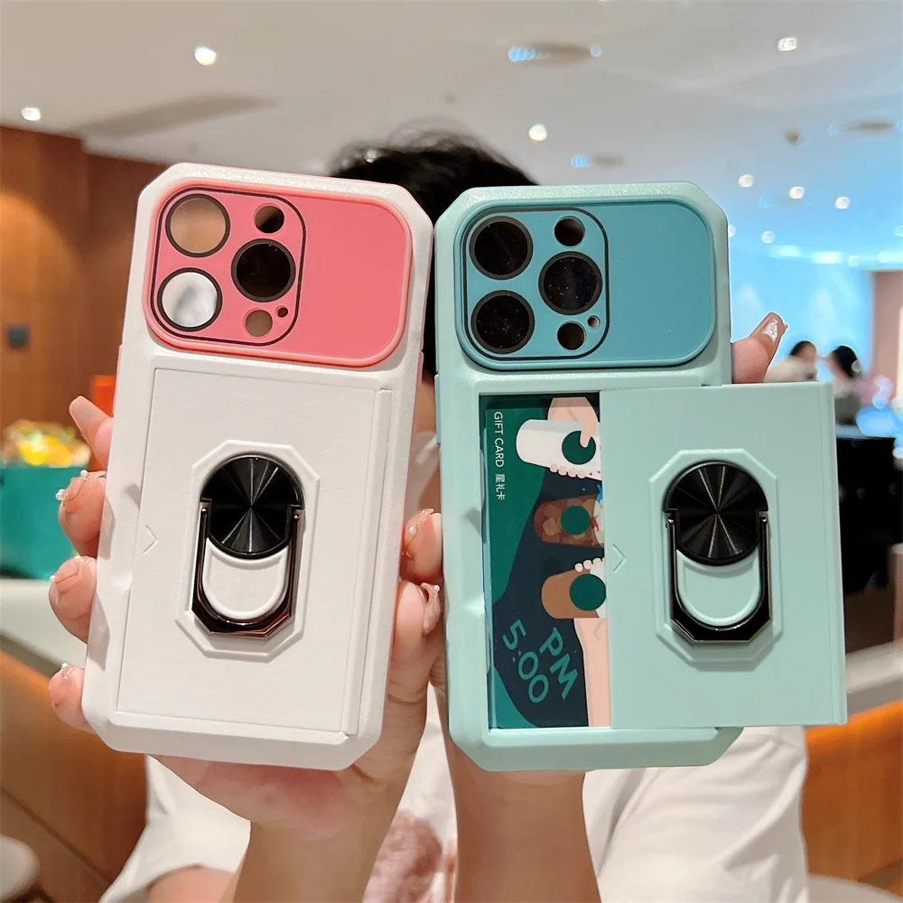 Multifunctional Shockproof Case for iPhone 14 13 12 11 Xs Pro Max XR Bumper Card Slot Camera Lens Protection Ring Stand Magnetic