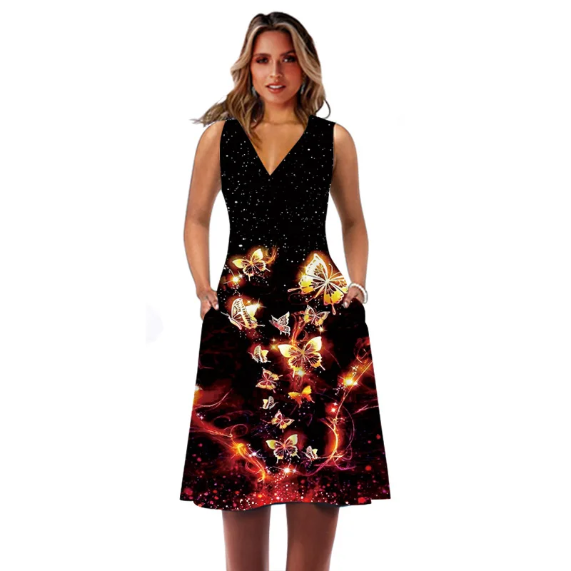 

Summer Elegant Woman Dress Vintage Casual Beach Party Holiday Sleeveless Vestidos Butterfly Print V Neck White Dresses