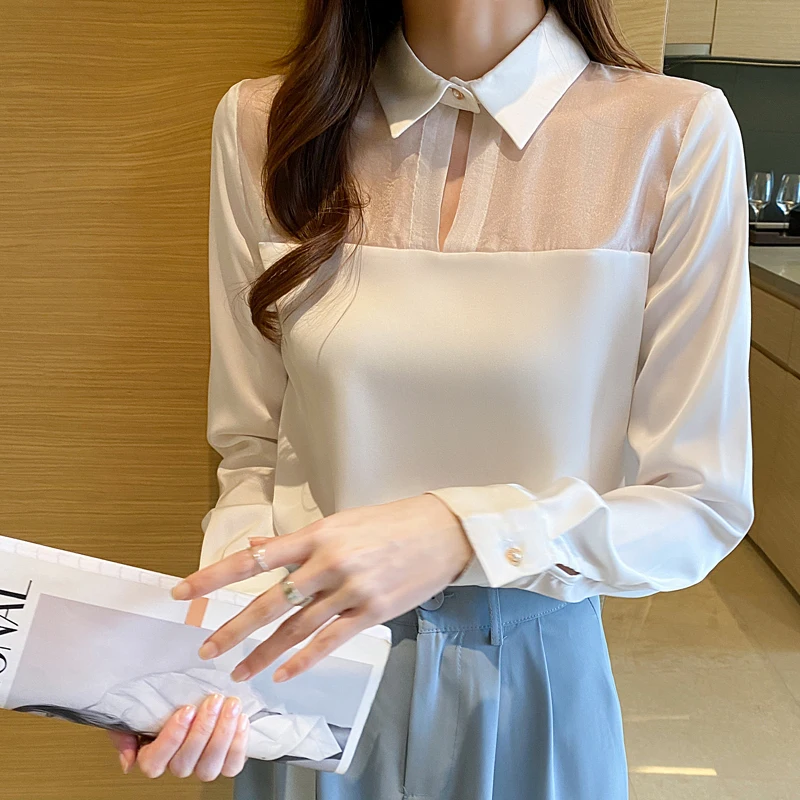 

Fashion Vintage All Match Blouse Women Tops White Lady Female Loose Shirts Mesh Splicing New Long Sleeve Camisas De Mujer 128H