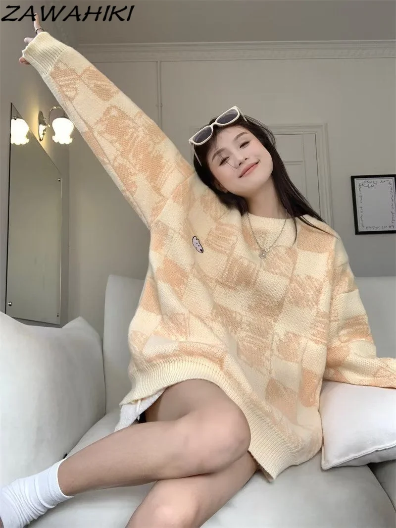 

Women's Clothing Yellow Plaid Sweater Crew Neck LatticeVintage Loose Thicken Warm Autumn Winter Long Sleeves Pullovers Jumper