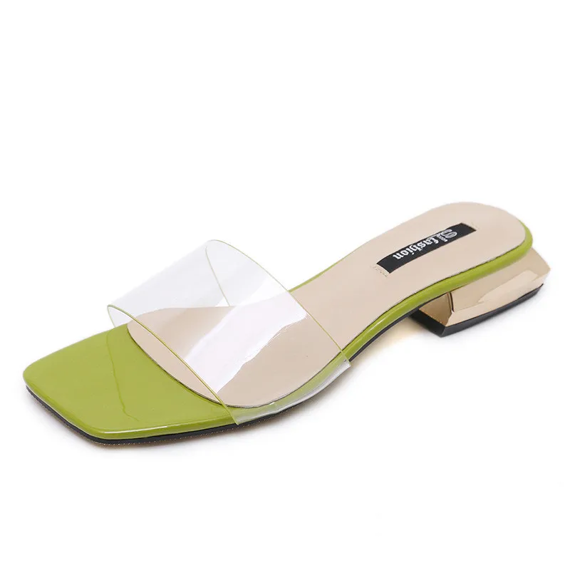 

Thick Square Low Heels Shoes Woman Transparent Sandals Plus Size 42/43 Ladies Flip Flops OL Nude Sandalias Mujer Clear Slippers