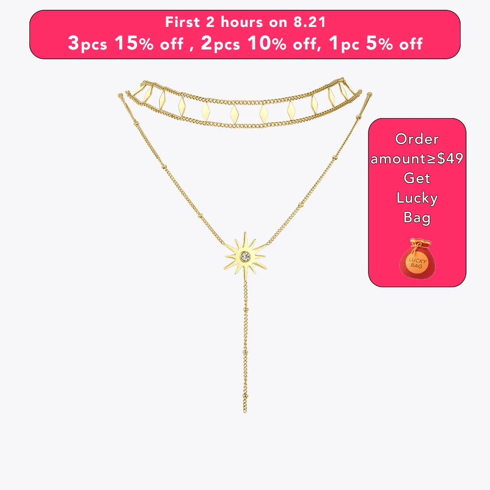 

ENFASHION Rhombus Sun Double Chain Choker Necklace Women Gold Color Stainless Steel Necklaces Fashion Jewellery Collier P203136