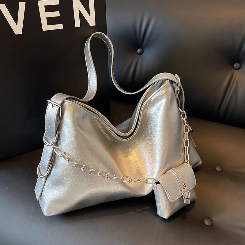 

Silver Large Capacity Tote Bag For Women 2023 New Fashion Single Shoulder Bag Female Hobos Handbag Soft Leather Messenger Bag