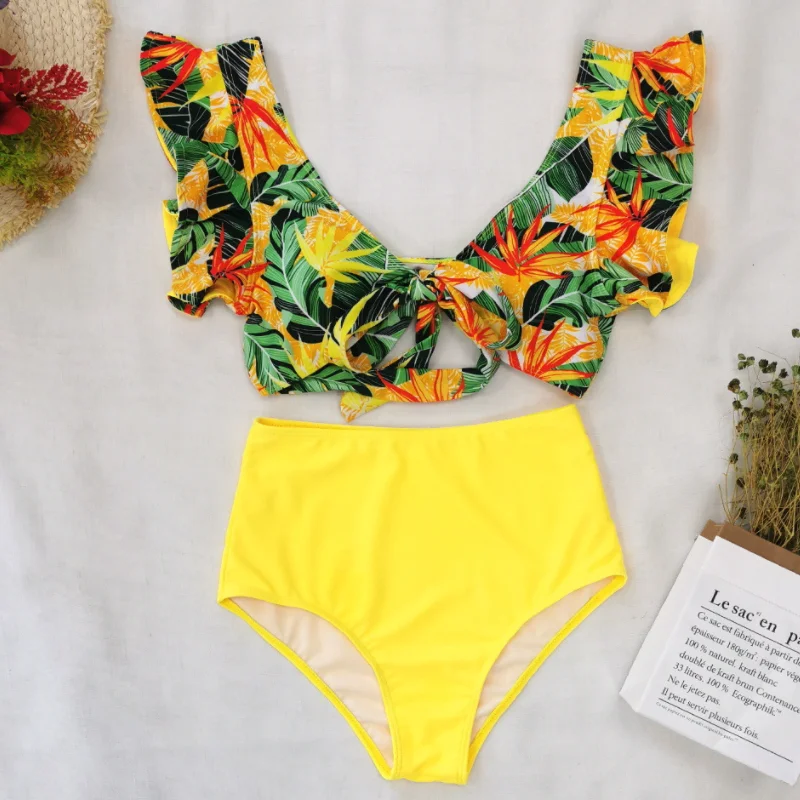 High Waist Ruffle Swimwear Women Print Sexy Swimsuit Push Up Bikinis Bathing Suits Floral Beach Wear