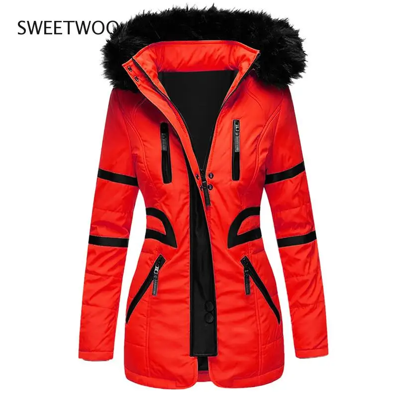 Spring Autumn Jacket Ladies Parka Coat Fur Collar Jacket Slim Zipper Hooded Jacket Female Solid Color Jacket Large Size Tide