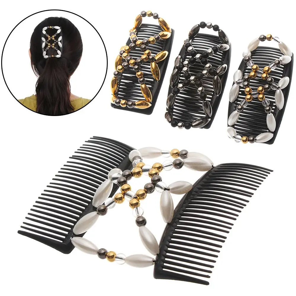 

Ladies Women Elastic Hairpin Stretch Double Magic Hair Comb Handmade Beaded Hair Clip Bun Maker DIY Styling Tool 3 Colors