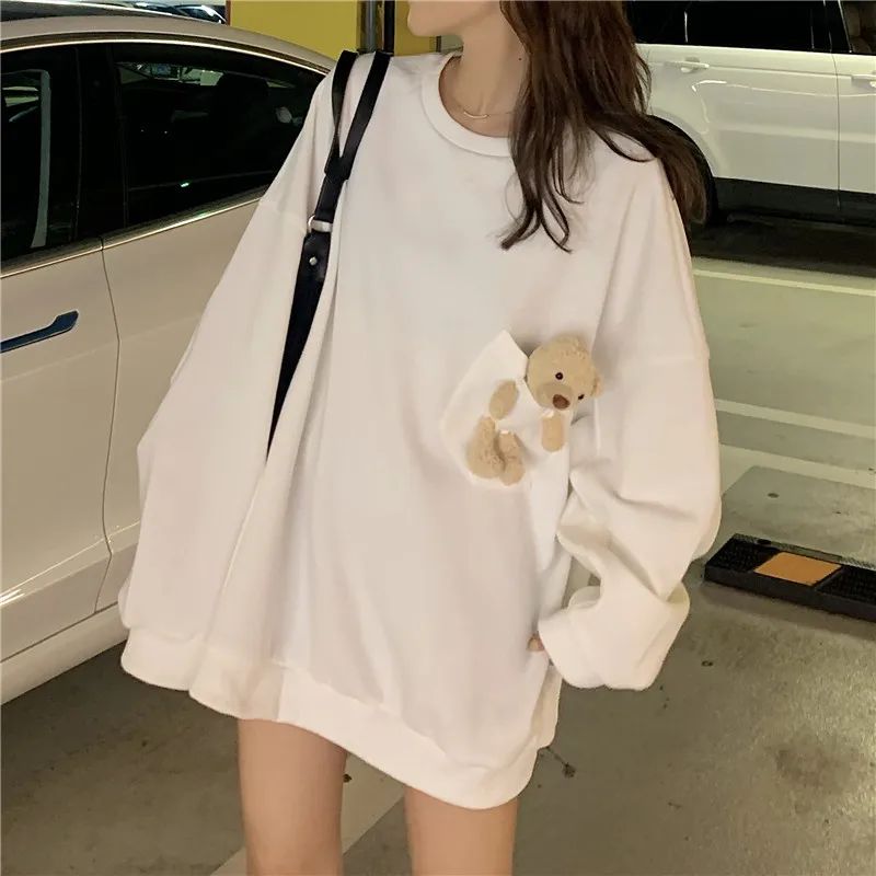 

Bear Doll Sweatshirts Women Plus Size Loose Casual Pullovers 2021 Spring Autumn New Fashion Kawaii Yellow Cottagecore Sweatshirt