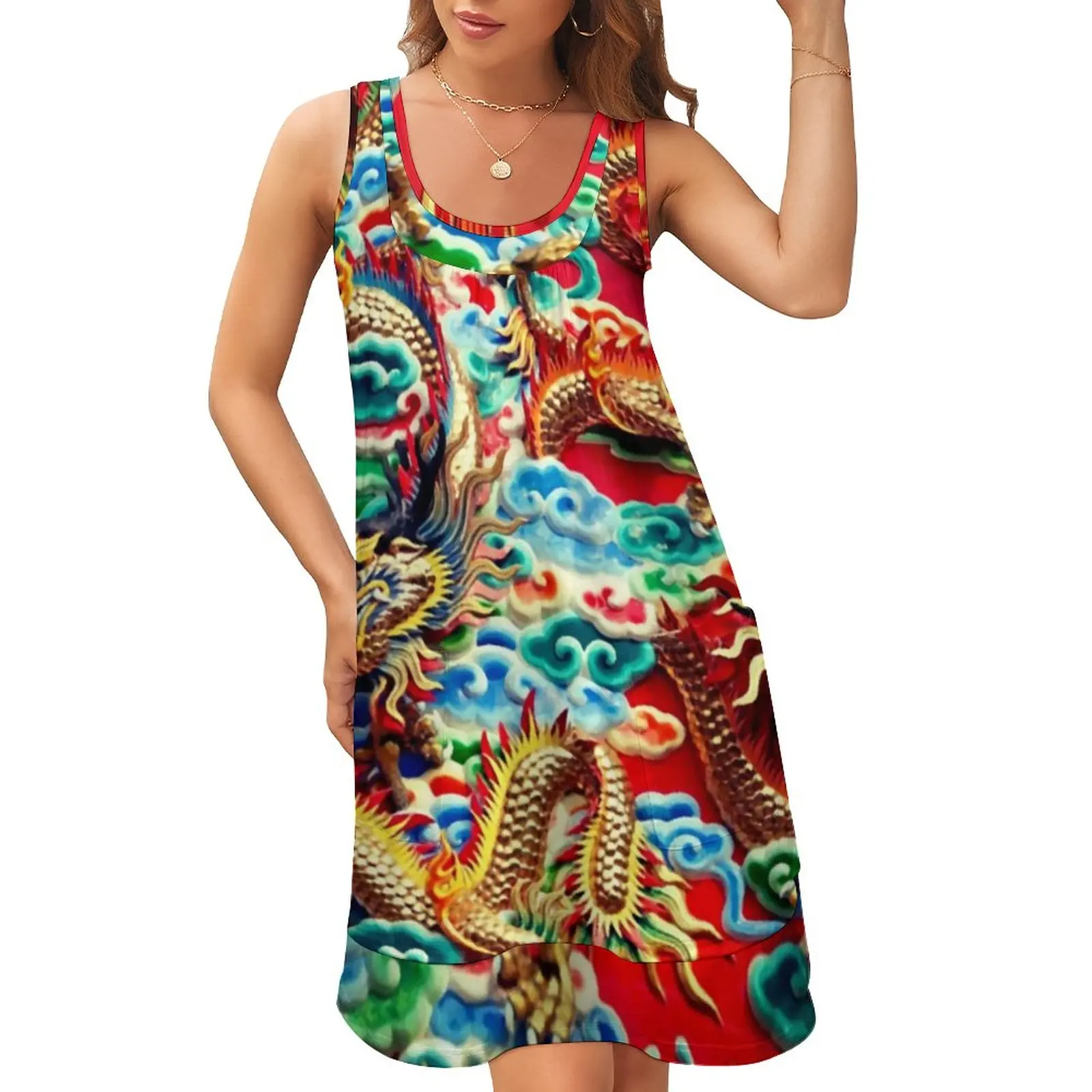 

Gold Chinese Dragon Dress Mythical Animal Kawaii Dresses Female Patchwork Streetwear Casual Dress Summer Print Oversized Vestido