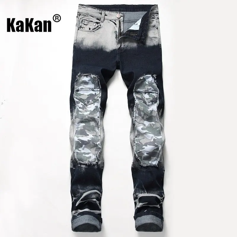 Kakan - Nostalgic Personality Broken Hole Color Patch Decoration Men's Jeans, New Trend Stretch Long Jeans Men K02-991
