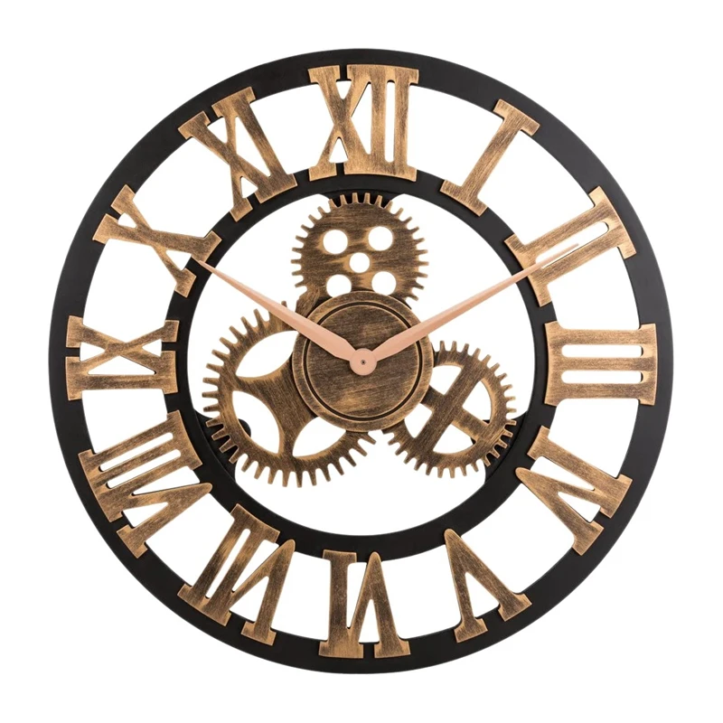 

NEW-19.68 Inch 3D Rustic Wall Clock With Gear Decorative Vintage Clock With Roman Numerals For House Warming Gift
