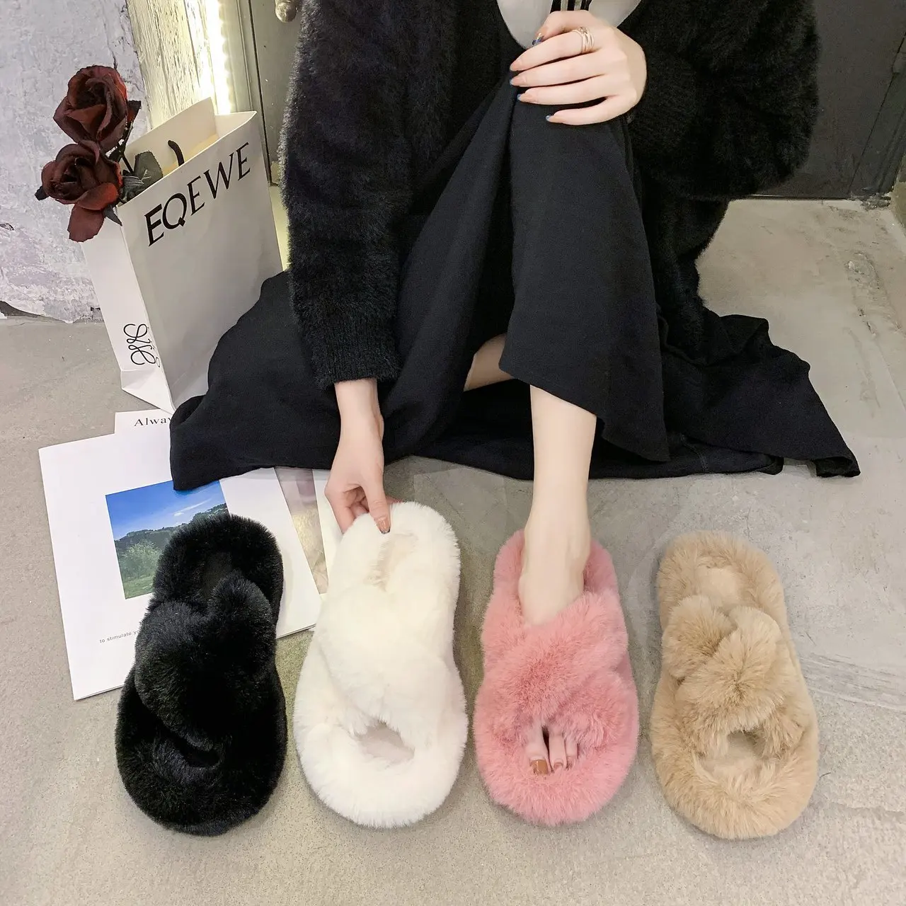winter house women fur slippers fashion cross band warm plush ladies fluffy shoes cozy open toe indoor fuzzy slides for girls free global shipping