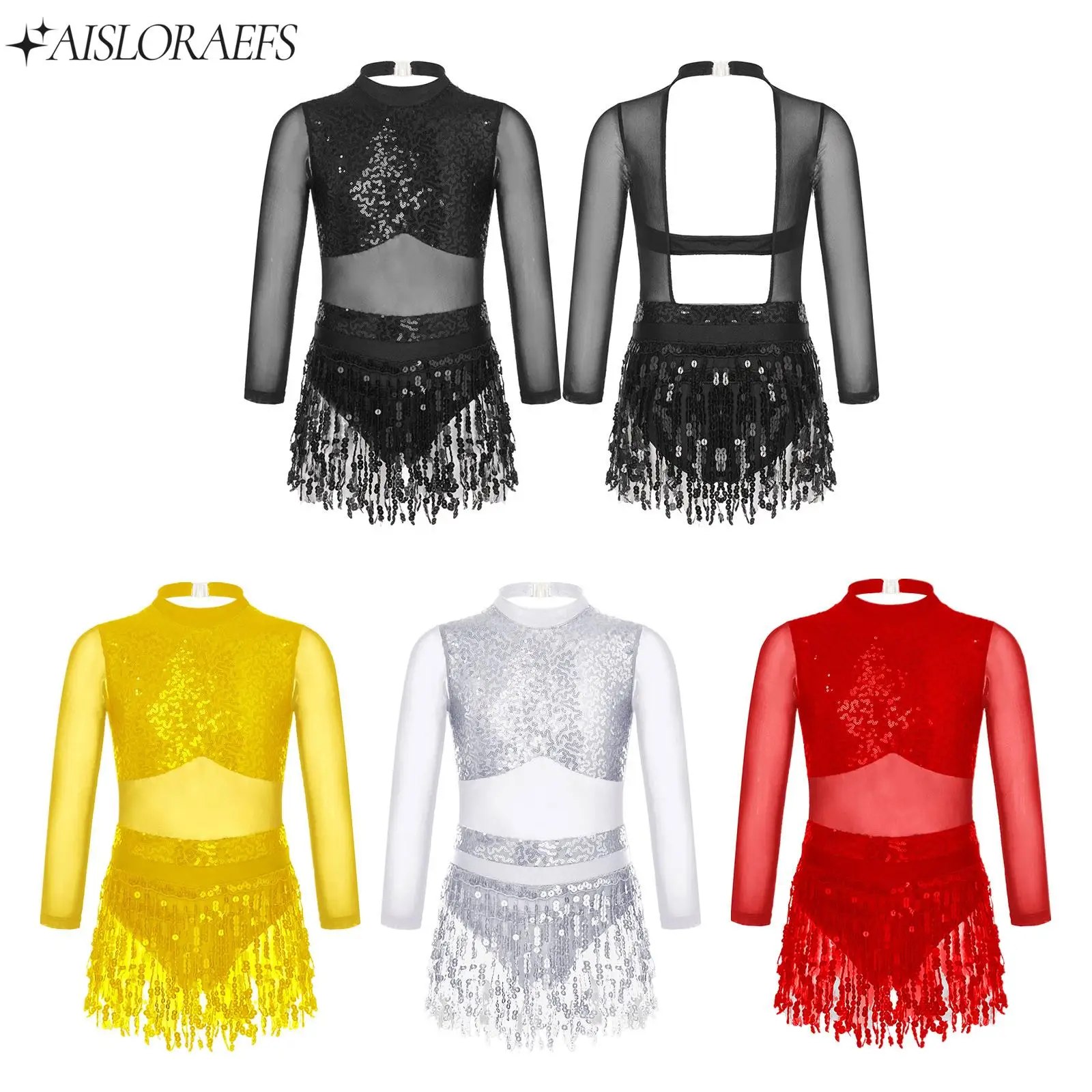 

2023 New Children Girls Latin Jazz Modern Dance Costume Sequins Cut Out Back Leotard Tassel Dress Party Dance Wear