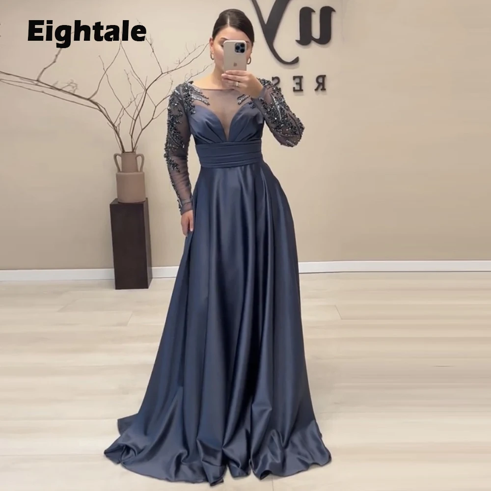 

Eightale Dubai Evening Dresses for Wedding Satin Beaded Long Sleeves Prom Gowns Arabic Celebrity Party Dress robes de soirée