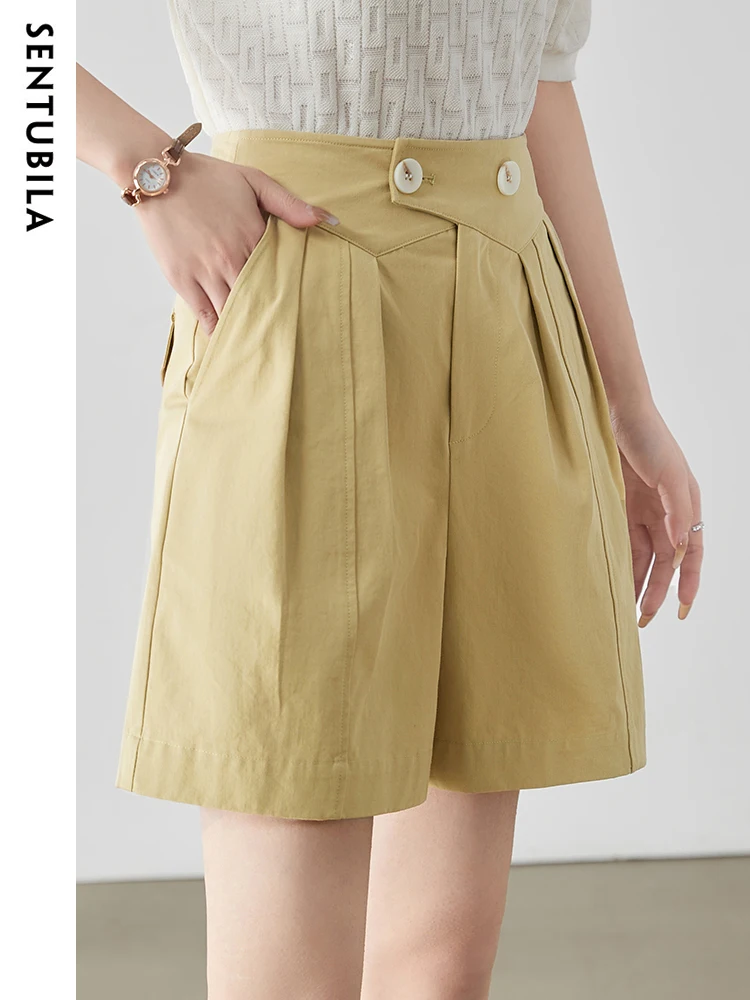 Sentubila 100% Cotton Casual Shorts for Women Fashion 2023 Straight Wide Leg High Waist Summer Pleated Short Pants with Pockets