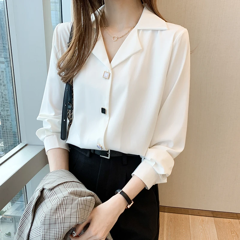 

2022 Long Sleeve Black White Blouse Women Office OL Casual Long Sleeve Shirt V-neck Chiffon Holiday Loose Tops Women Blusas