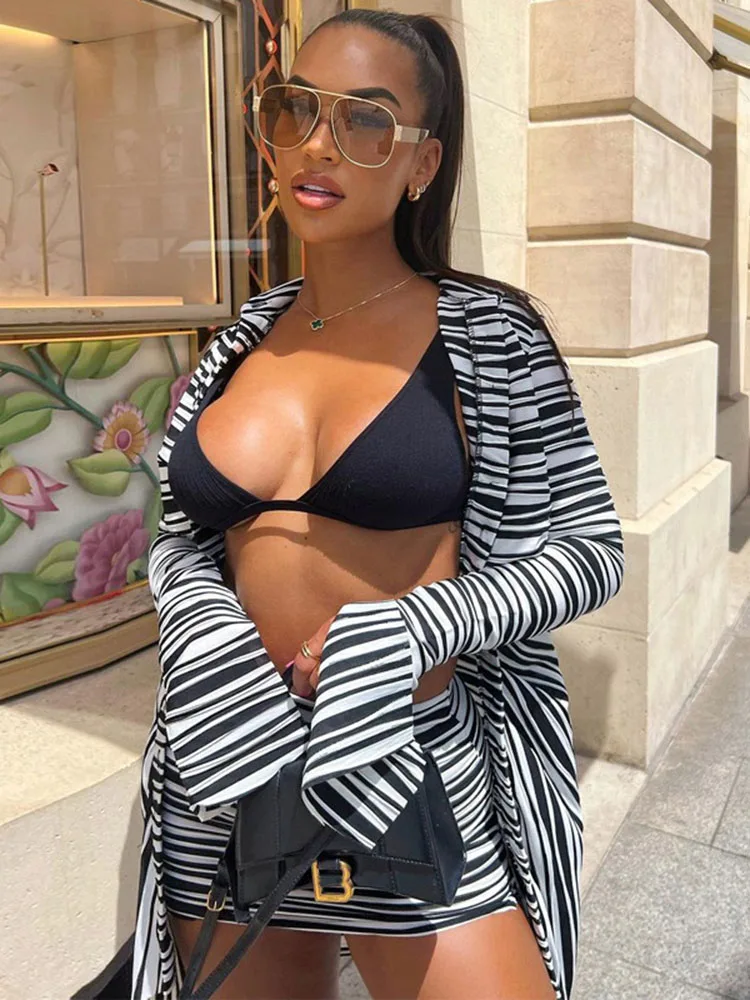 

Short Skirts 2 Piece Sets Women Long Cardigan Shirt Tops And Mini Skirt Suits 2022 Fashion New Striped Print Sexy Beach Outfits