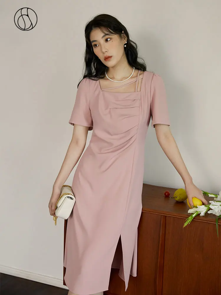 

DUSHU Sweet Elegant Square-neck Pink Dress for Women Summer Front Slit High Waist Slimming Long Skirt Age-reducing Dress Female