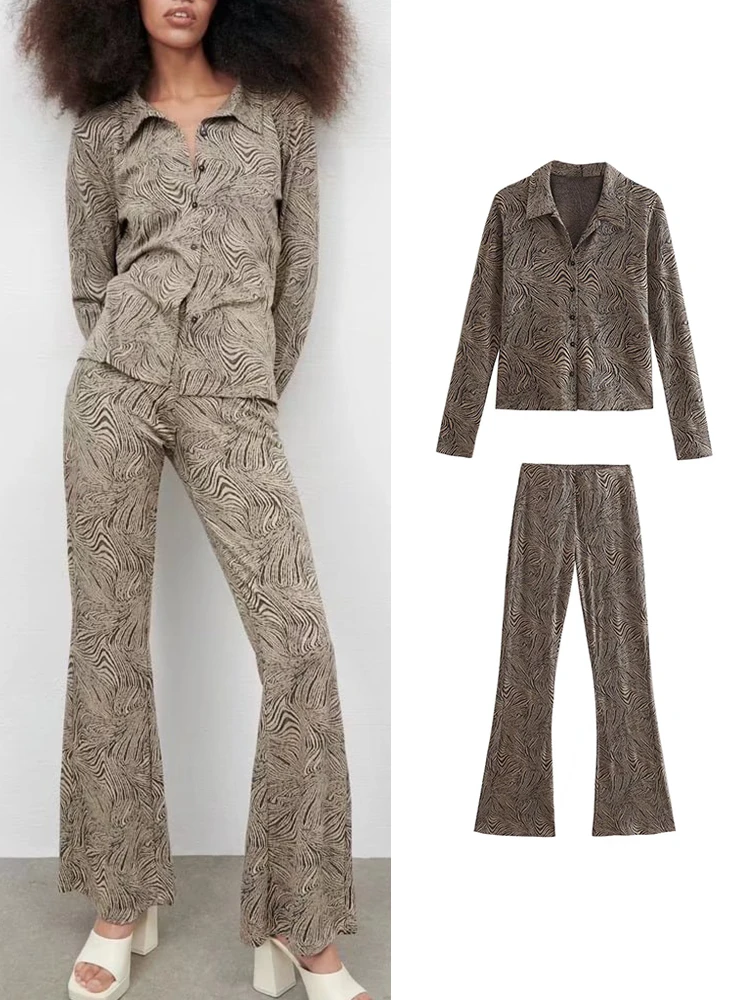 

TFMLN 2pcs 2022 Spring Women Pants Sets Vintage Knitted Jacquard Blouses+Flare Pants Casual Long Sleeve Single Breasted Tops