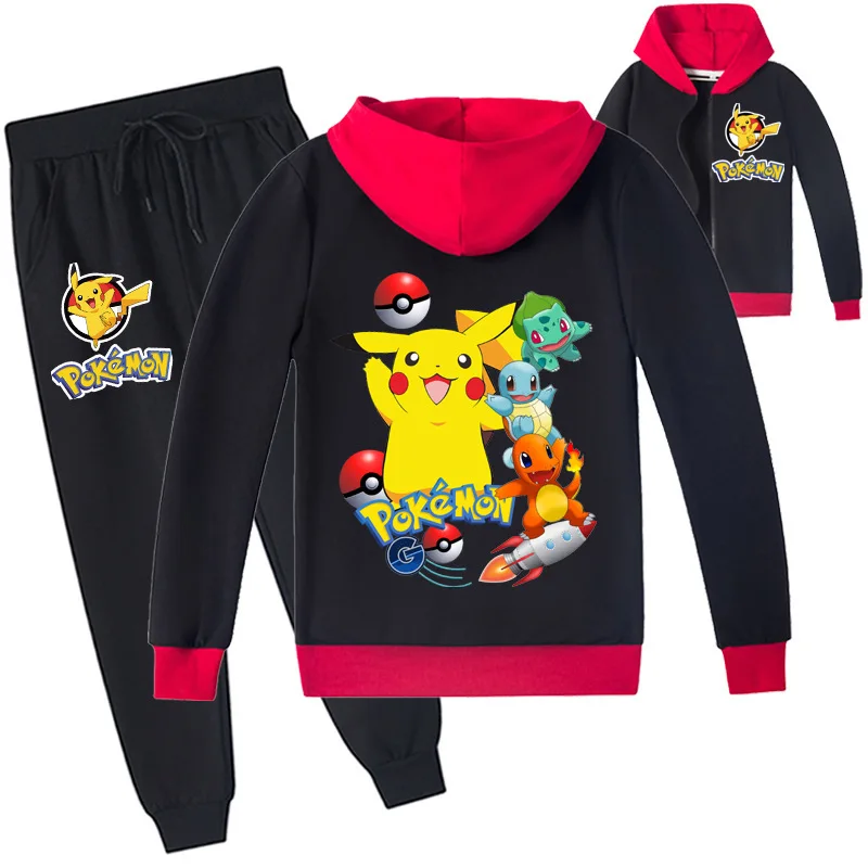 

Pokemon Cartoon Printed Spring and Autumn Sports Casual Zipper Shirt Pants Two-piece Set Kidsclothes Girls Boys Clothes