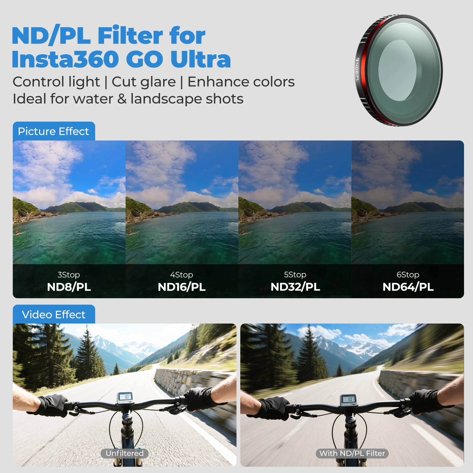 Фото Комплект фильтров Freewell Bright Day, 4 упаковки фильтров ND8/PL, ND16/PL, ND32/PL и ND64/PL для аксессуаров для фотосъемки Insta360 GO Ultra №3