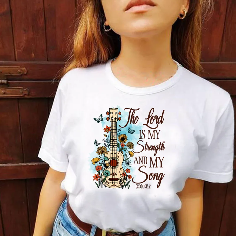 

The Lord Is My Strength and My Son Exodus 15:2 Religious T Shirts Women Jesus Faith Graphic Tee O Neck Streetwear Dropshipping