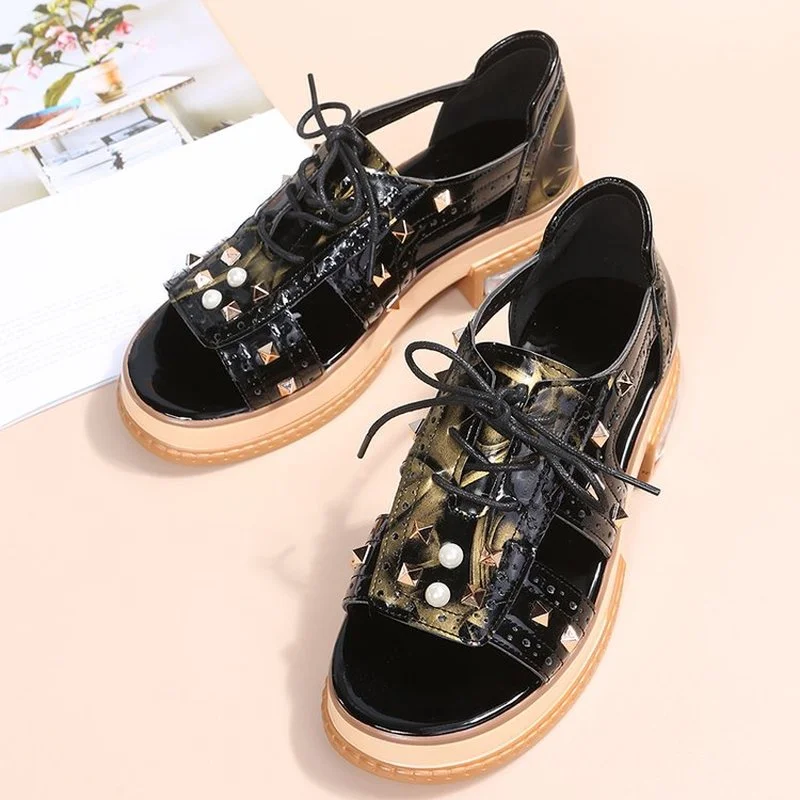 

Women's Sandals Summer New High Quality Punk Fashion Laser Shiny Lace Up Street Print Large Size Lightweight Travel Women's Shoe