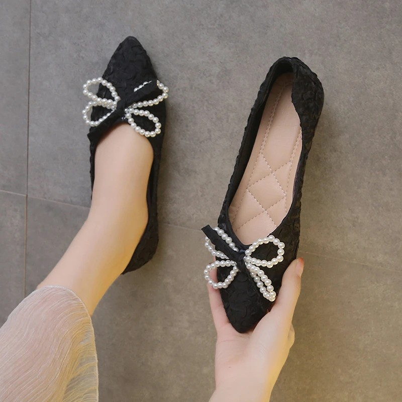 

Универсальные туфли на плоской подошве с жемчугом и узлом-бабочкой, женские туфли больших размеров, женская обувь на плоской подошве, 2023