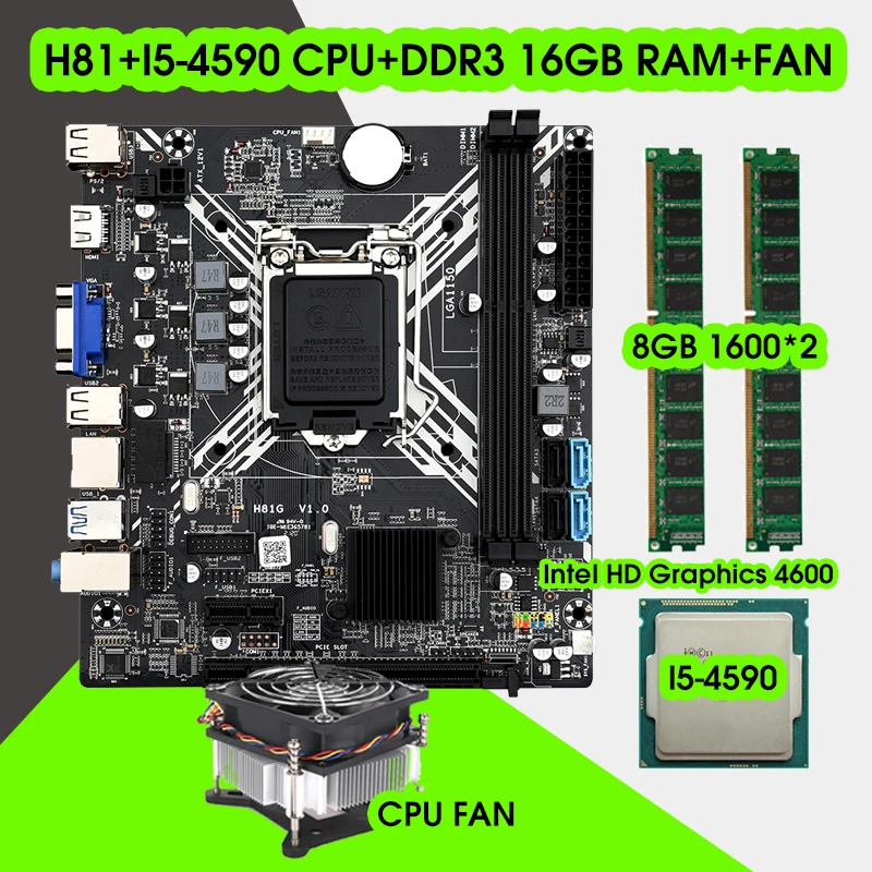 

H81 материнская плата LGA 1150 комплект с Intel core i5-4590 процессор DDR3 PC 16 Гб (2x8 ГБ) 1600 МГц ОЗУ память и вентилятор ЦП