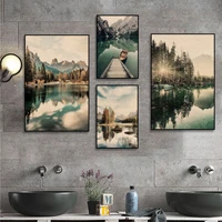 nature landscape mountain lake boat vintage posters for living room bar decoration aesthetic art wall painting