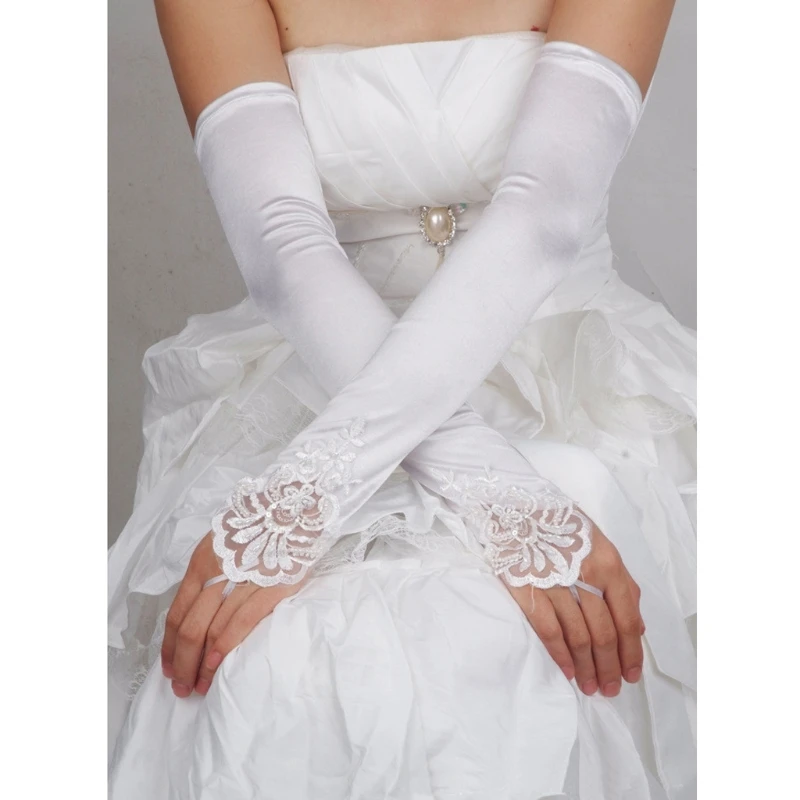

Women Long Satin Gloves Elegant Princess Formal Fingerless Lace Mittens for Wedding Dinner Party Pageant Costume