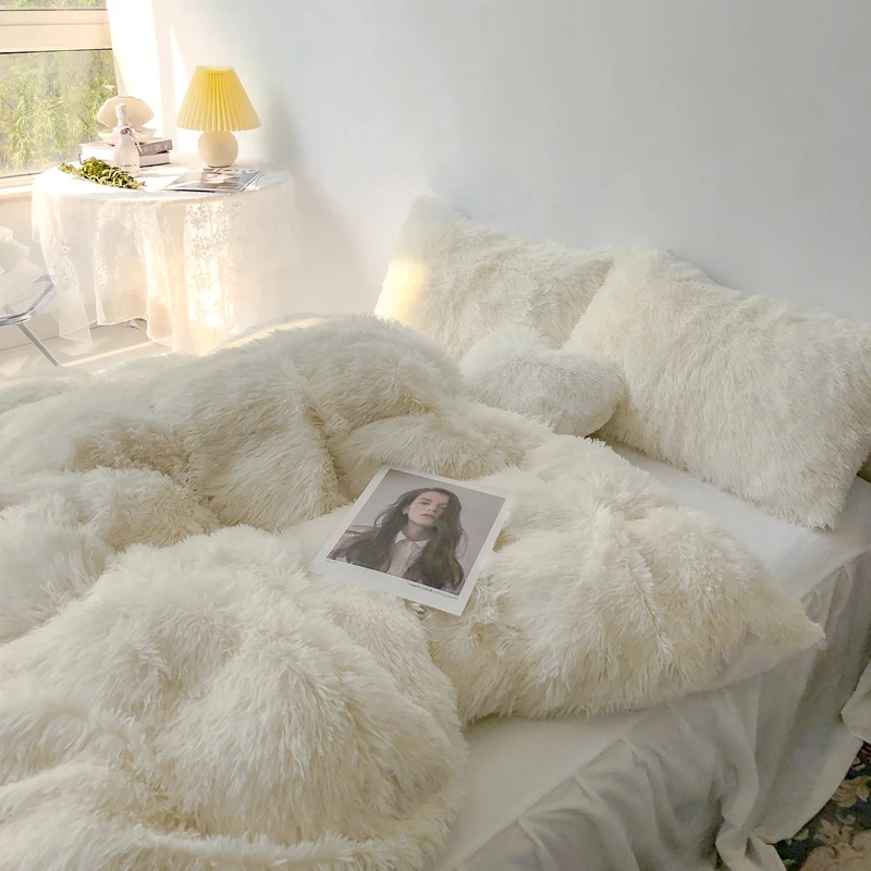 

Fur Mink Princess Style Solid Color Plush Bed Four-Piece Set Coral Fleece Duvet Cover 1.5/1.8 M bedding set