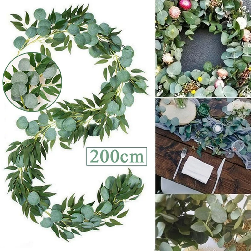 

2M Artificial Green Eucalyptus Garland Leaves Vine Fake Vines Rattan Artificial Plants Ivy Wreath Wall Decor Wedding Decoration