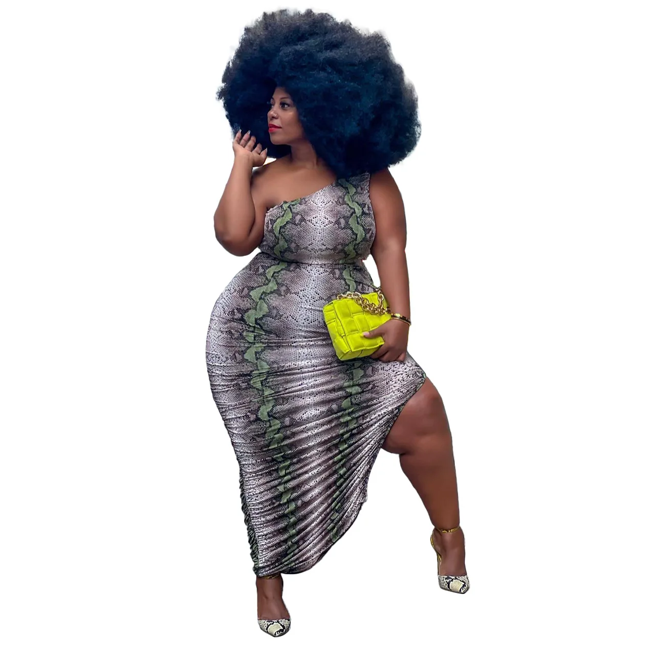 Plus Size Women's Dress Autumn/Winter 2022 New Snake Print One Shoulder Pleated Slit Sexy Dress Sexy Club Style Party Dress