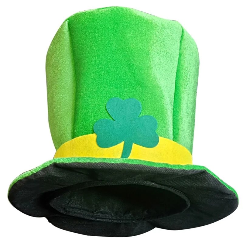 

652F Saint Patricks Day Shamrock Green Velvet Top Hat Irish Leprechaun Cosplay Cap